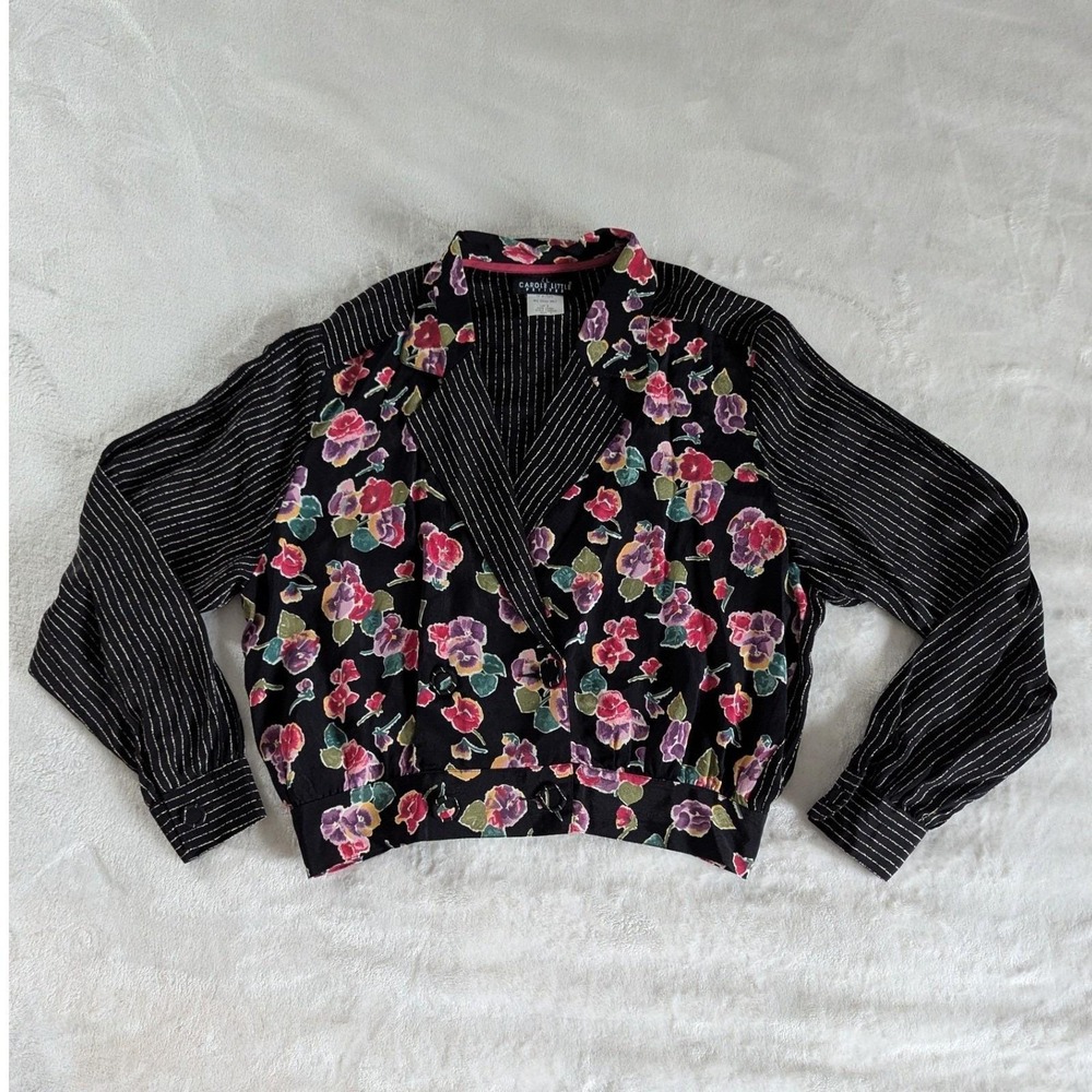 Vtg Carole Little Blouse Black Floral Pinstripe Mixed Print Button Up Sz 6